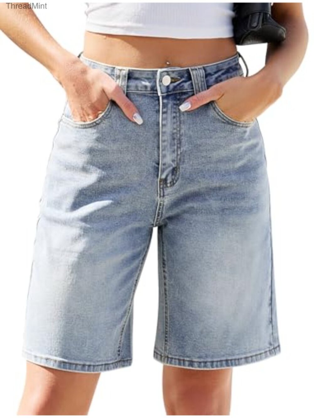 High Waisted Baggy Bermuda Denim Shorts Knee Length Stretchy 10in Inseam
